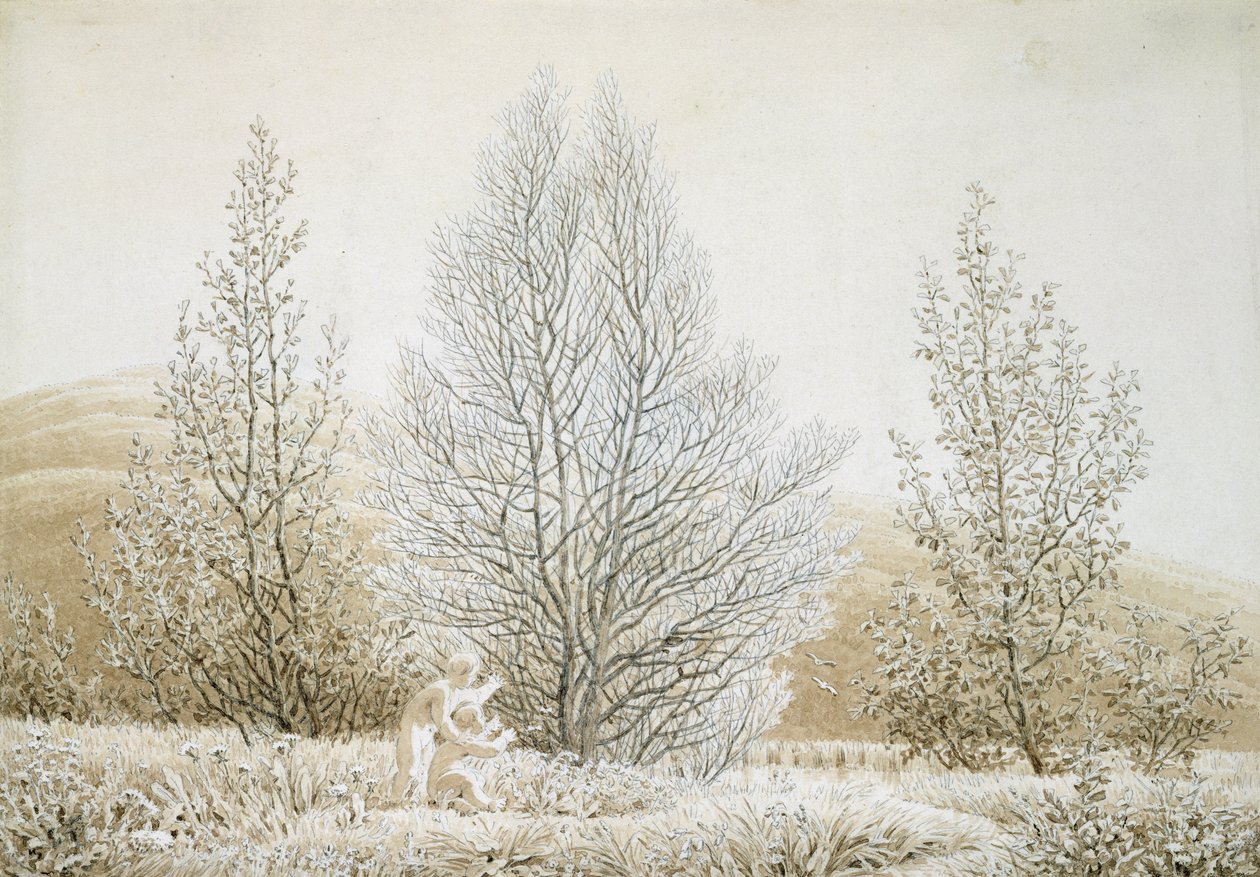 Spring (sepia blæk og blyant på papir) swed av Caspar David Friedrich