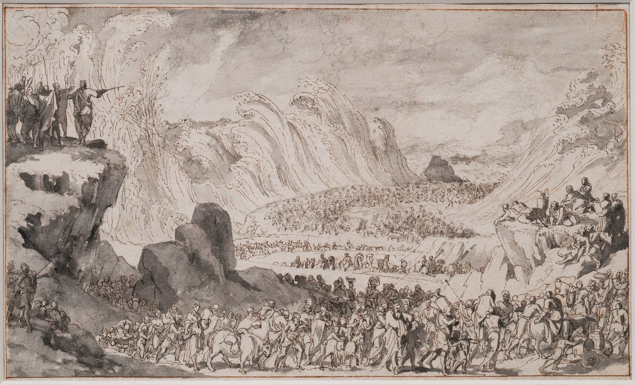 Moses delar Röda havet (krita, penna och bläck och tvätt på papper) av Caspar Luyken