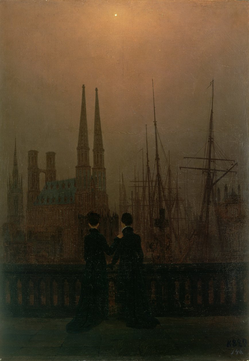 Hamn om natten (Systrar), c.1818-20 av Caspar David Friedrich