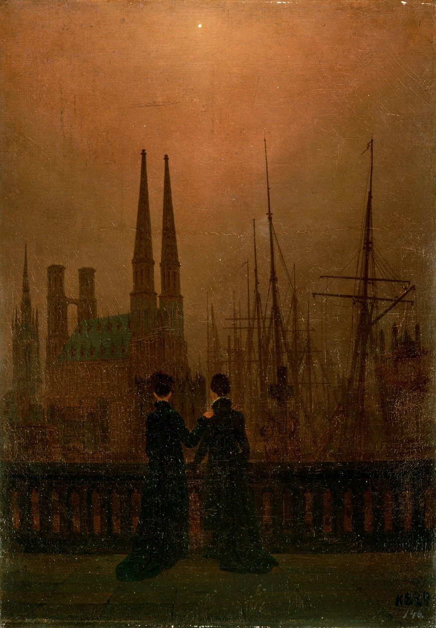 Harbor at Night Sisters, 1818-1820. av Caspar David Friedrich