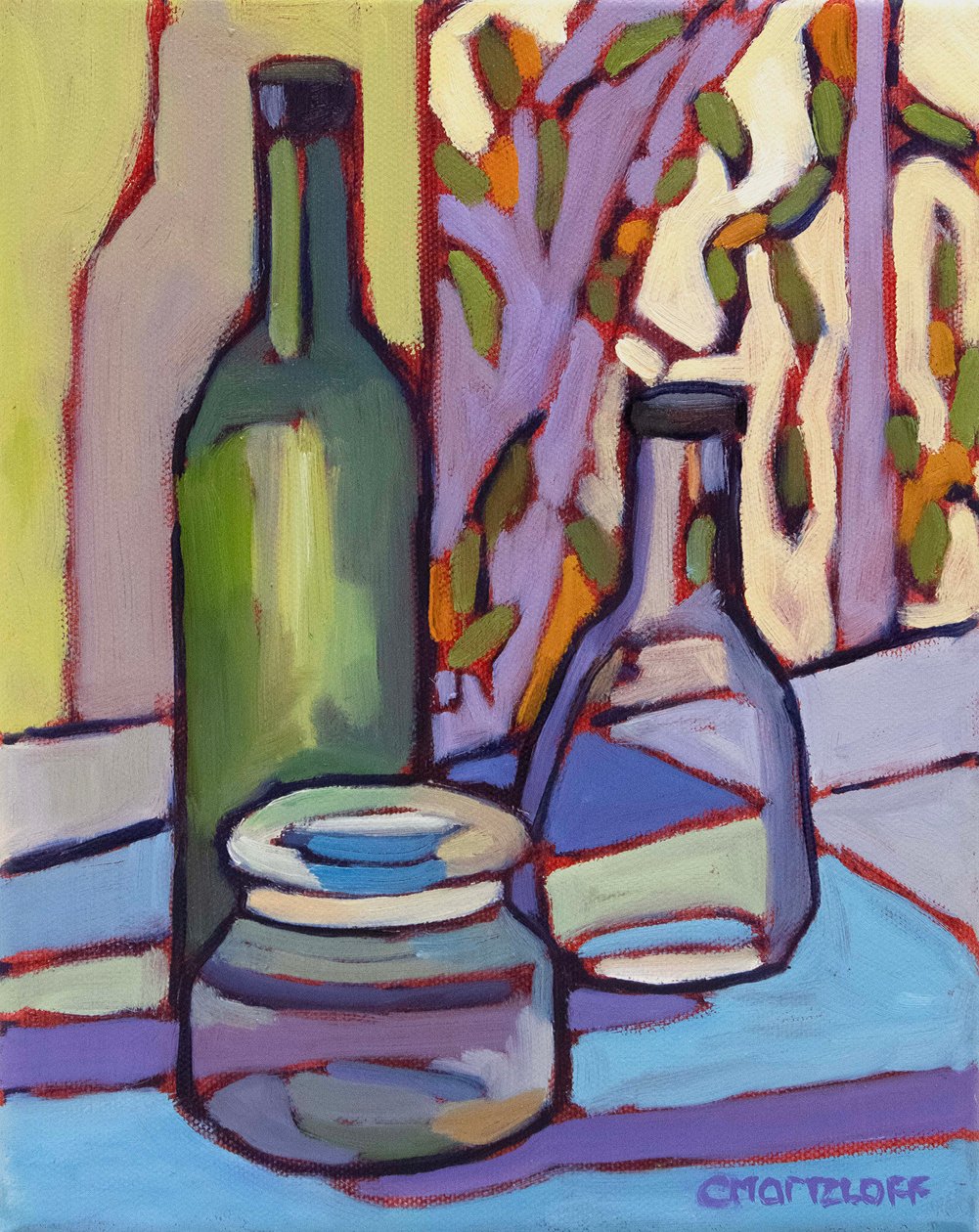 Bottled Moments, 2024 (olja på duk) av Catherine J Martzloff