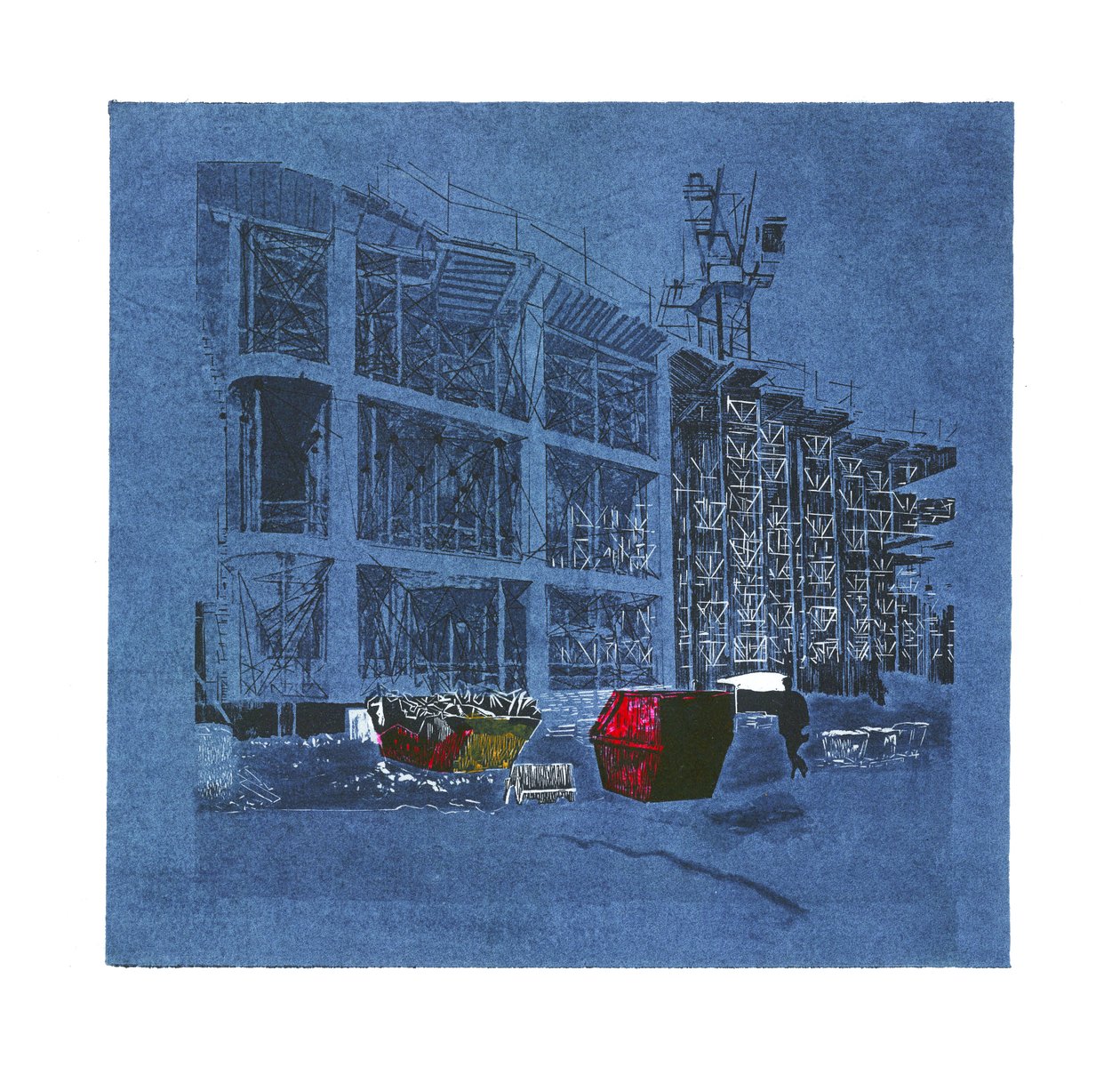 Inkubation av ny verksamhet, 2015 (linoleumsnitt och etsning) av Catherine Sutcliffe Fuller