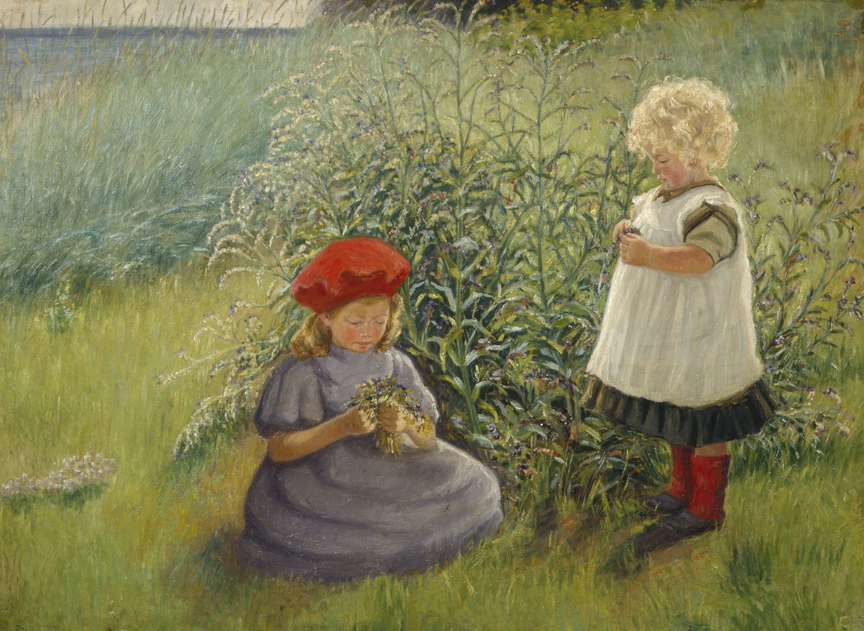 Två flickor som plockar blommor (olja på duk) av Cathrine Zernichow