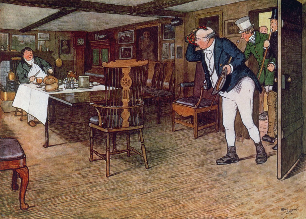 Mr Pickwick hittar Mr Tupman äta lunch på Leather Bottle, Cobham, 1910 (färggravyr) av Cecil Charles Windsor Aldin