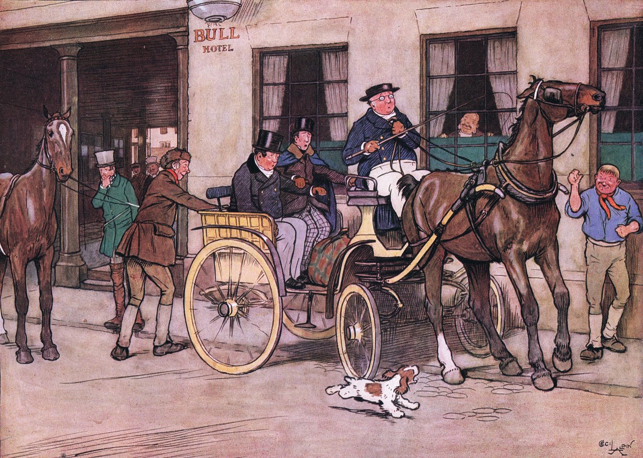 Wo-o! ropade mr Pickwick. Wo-o! ekade Mr Tupman, och Mr Snodgrass från sopnedkastet. av Cecil Charles Windsor Aldin
