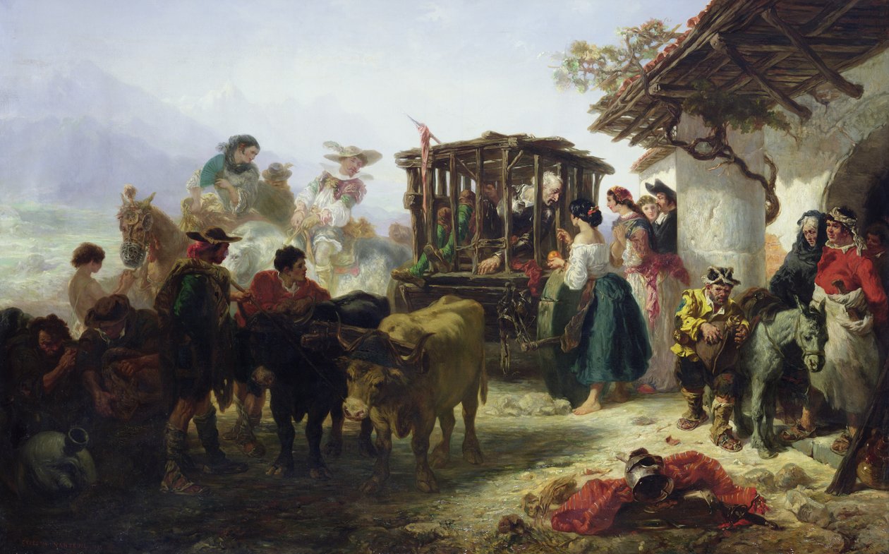 Don Quijote i en bur av Celestin Francois Nanteuil