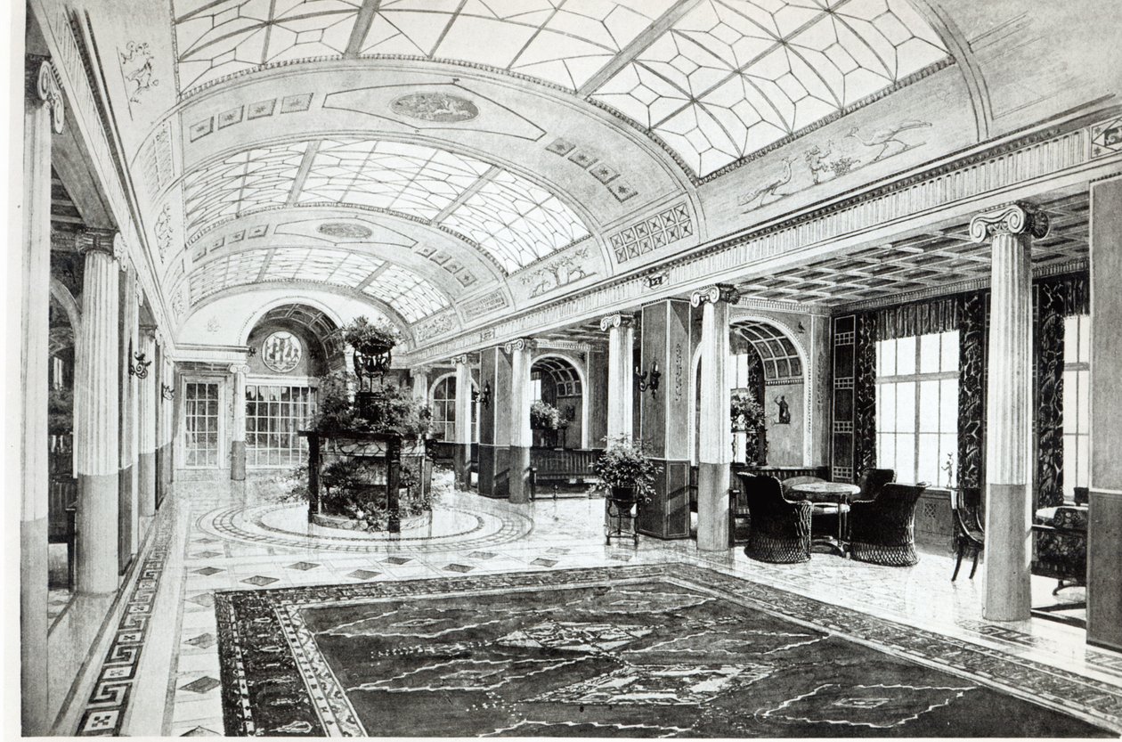 Design för ett vinterträdgårdsmottagningsrum på Ocean Liner, amiral von Tirpitz, ca 1911 av Charles and Bischoff, A. Mewes