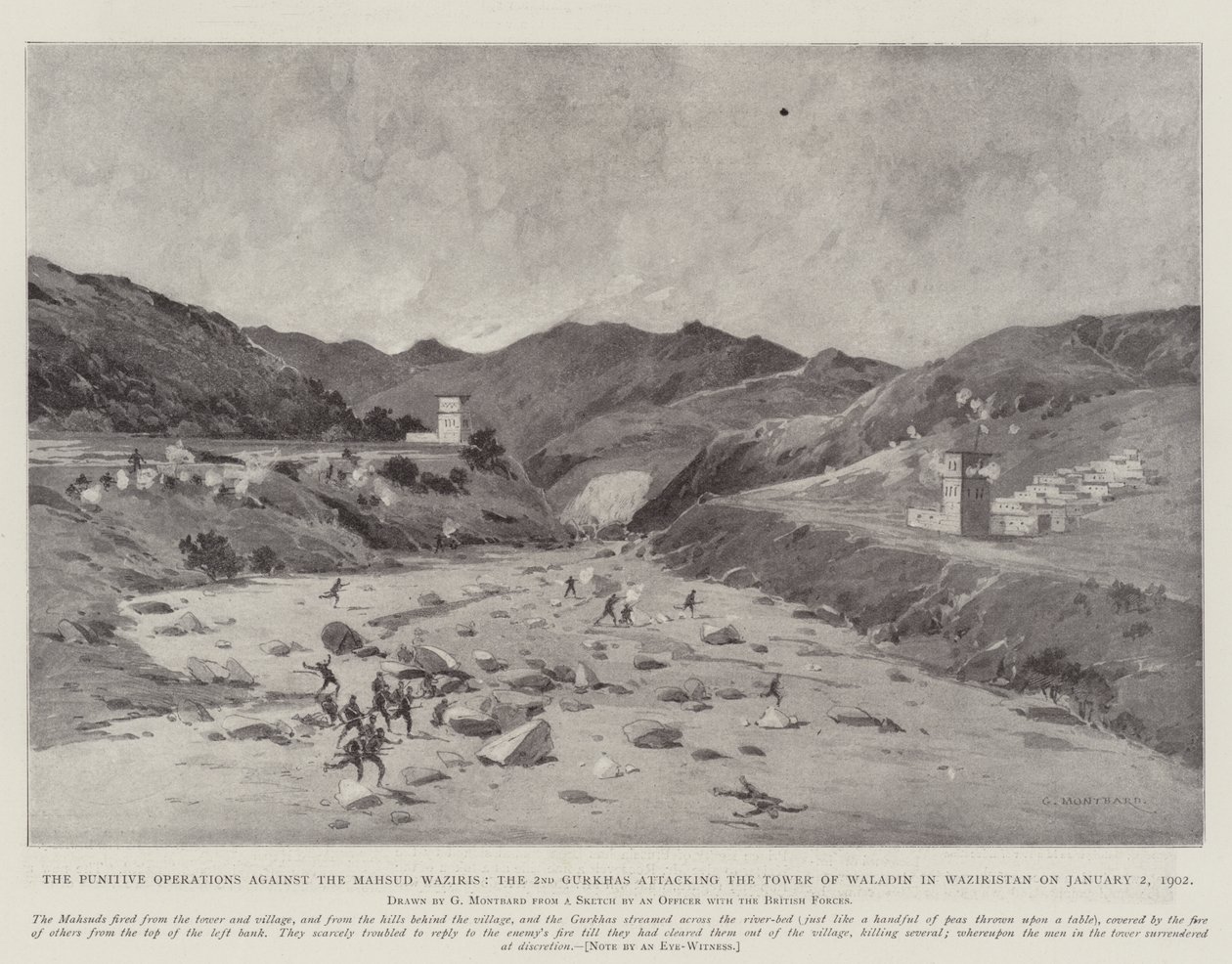 Straffoperationerna mot Mahsud Waziris, den 2:a Gurkhas attackerar Tower of Waladin i Waziristan den 2 januari 1902 av Charles Auguste Loye