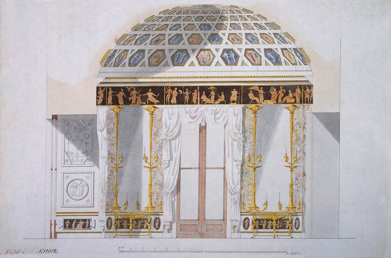 Design för Jaspiskabinettet i Agatpaviljongen i Tsarskoye Selo, ca 1780 (penna och bläck med wc på papper) av Charles Cameron