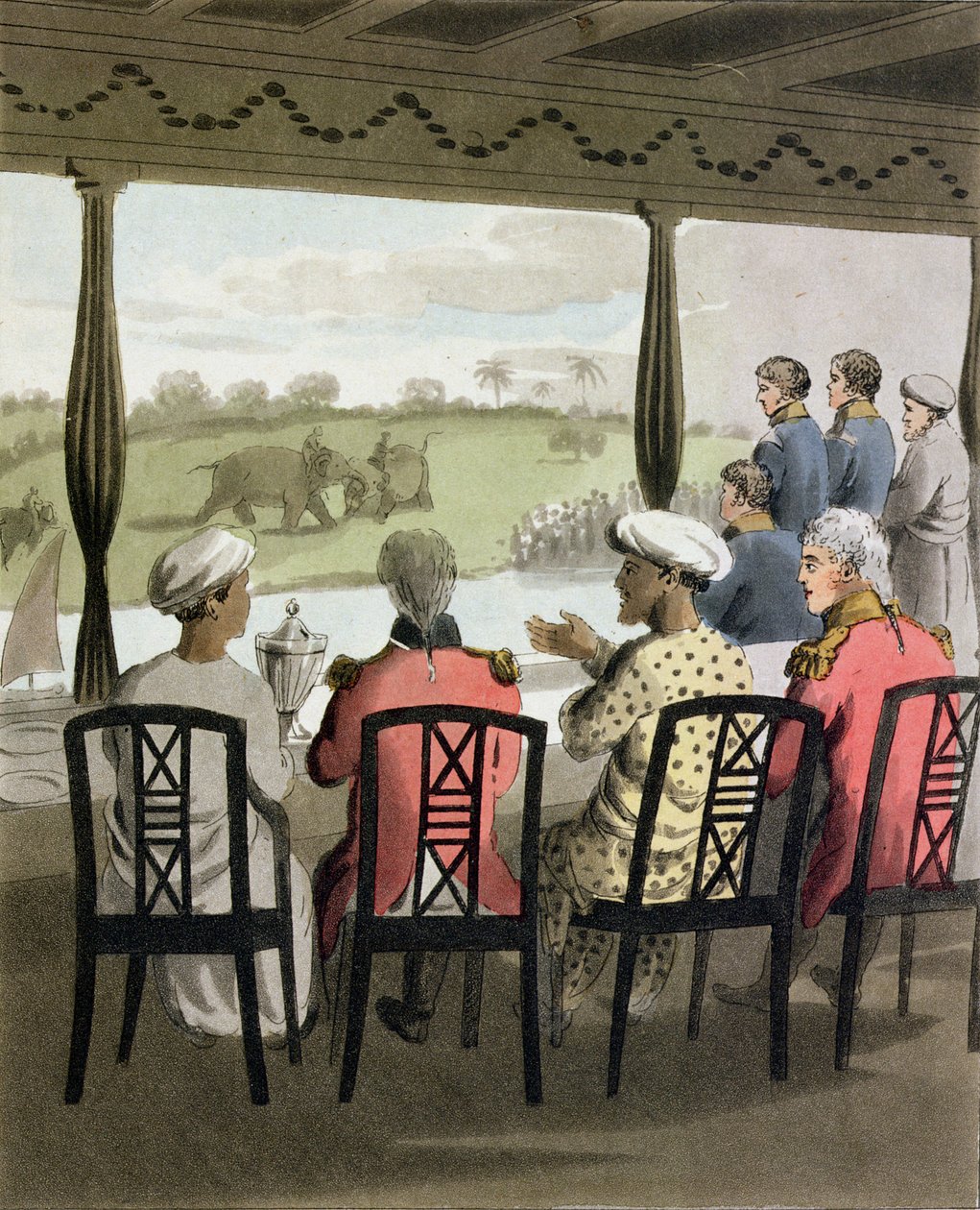 Marquis Wellesley and his Suite, vid Nabob of Oudes frukostbord, tittar på en elefantkamp, skylt 20 från "The European in India", publicerad 1813 (handfärgad akvatint) av Charles d Oyly