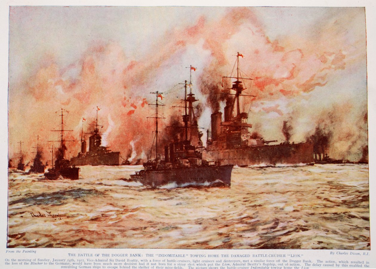 Slaget vid Doggerbanken: "Indomitable" bogserar hem den skadade slagkryssaren "Lion", 24 januari 1915, illustration från "Hutchinson