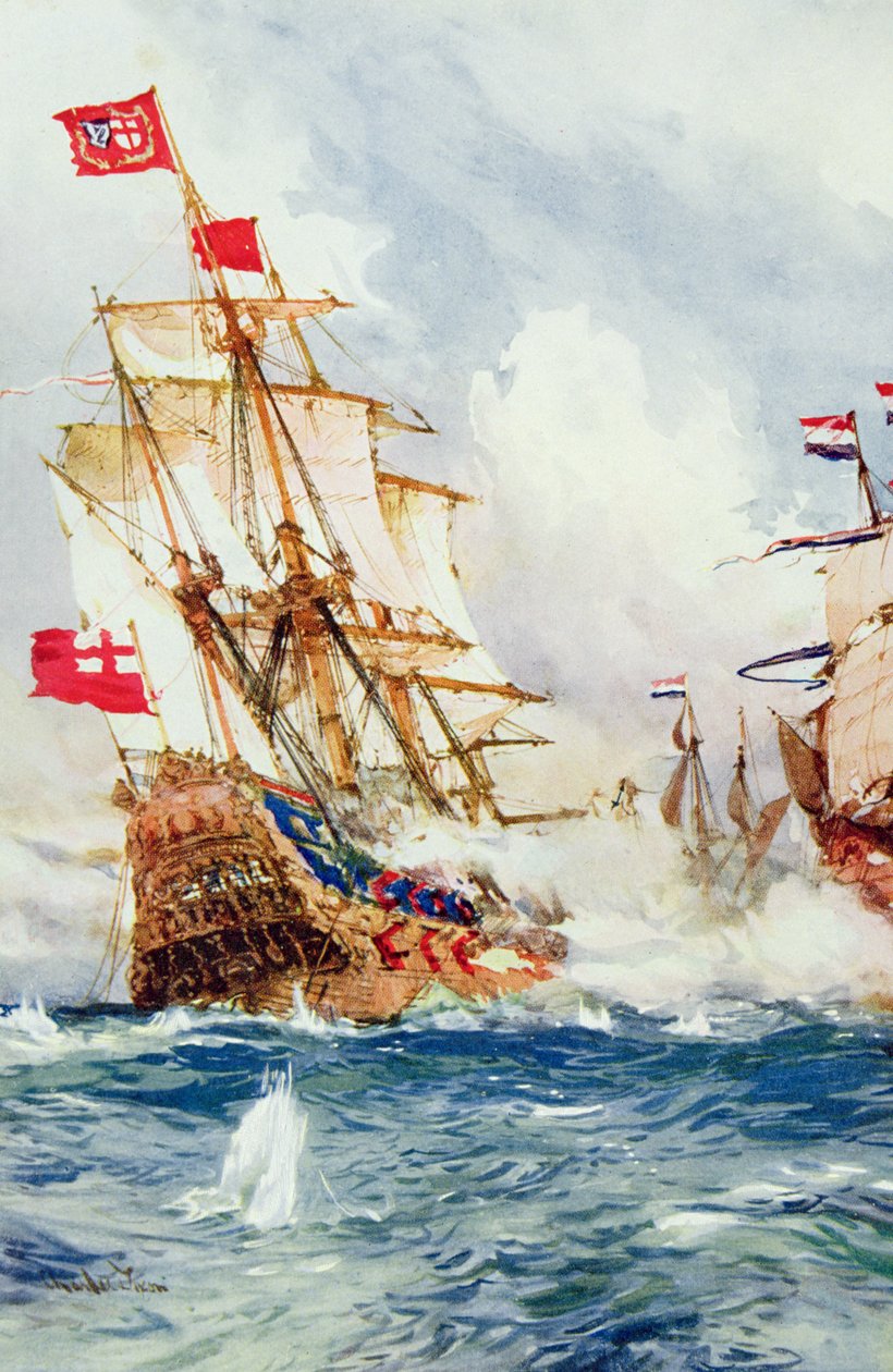When Blake Swept the Seas: A Battle Between Admiral Blake (1599-1657) och Van Tromp (1598-1653) illustration från "British Battles on Land and Sea" redigerad av Sir Evelyn Wood (1838-1919) första publicering av Charles Edward Dixon