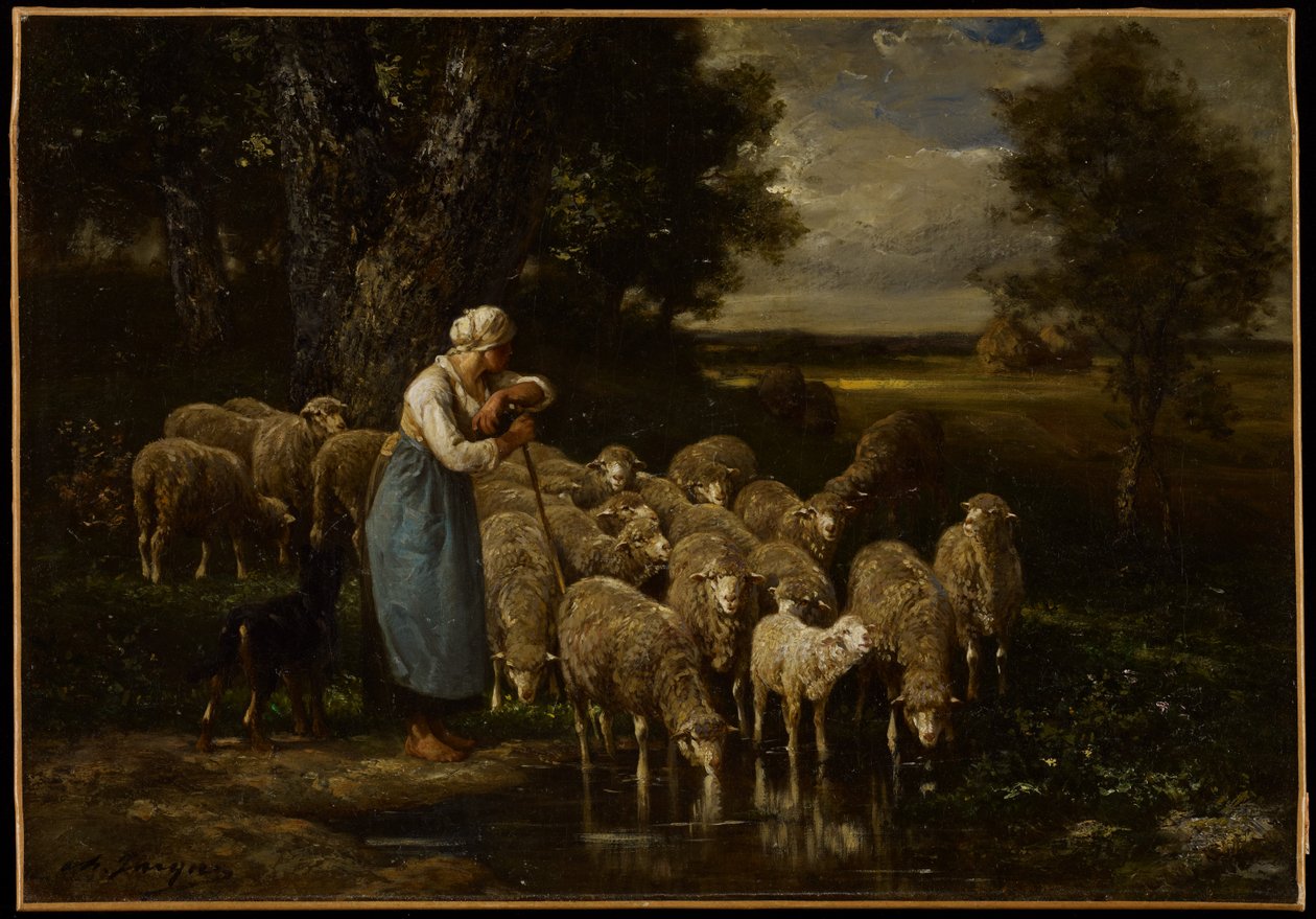 Herdinna och får, Fontainebleau av Charles Emile Jacque