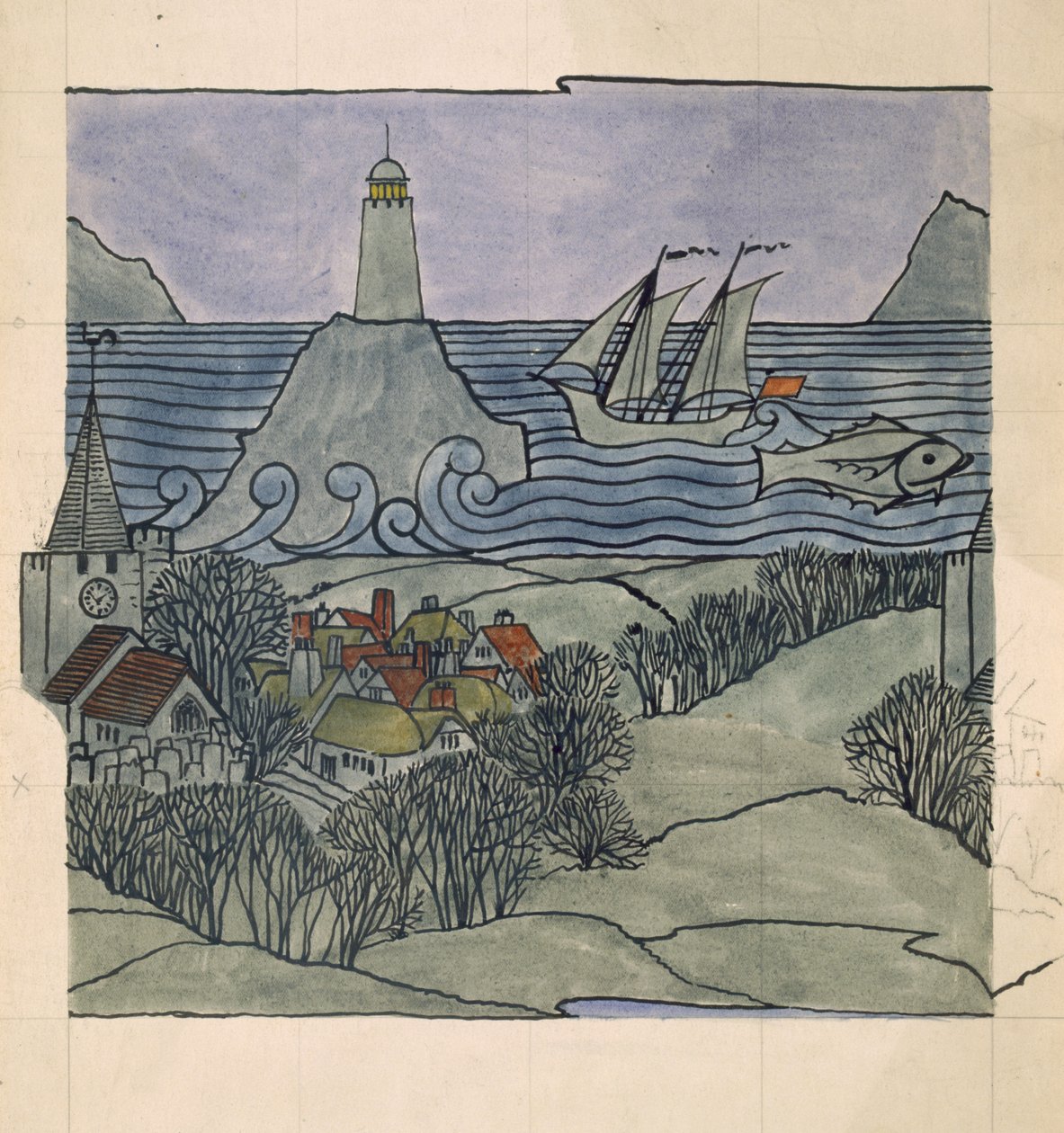 Fyr, fartyg och by (wc och blyertspenna på papper) av Charles Francis Annesley Voysey