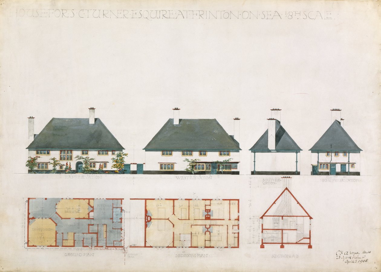 Föreslaget hus för C. Turner Esq. på Frinton on Sea, 1908 (wc och penna på papper) av Charles Francis Annesley Voysey