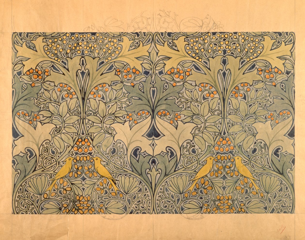 Textildesign med fåglar, bär och bladverk (wc och penna på papper) av Charles Francis Annesley Voysey