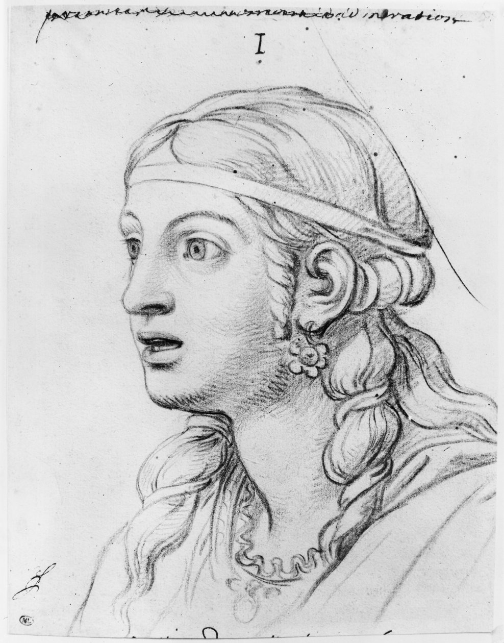 Beundran med häpnad (pierre noire på vitgult papper) av Charles Le Brun