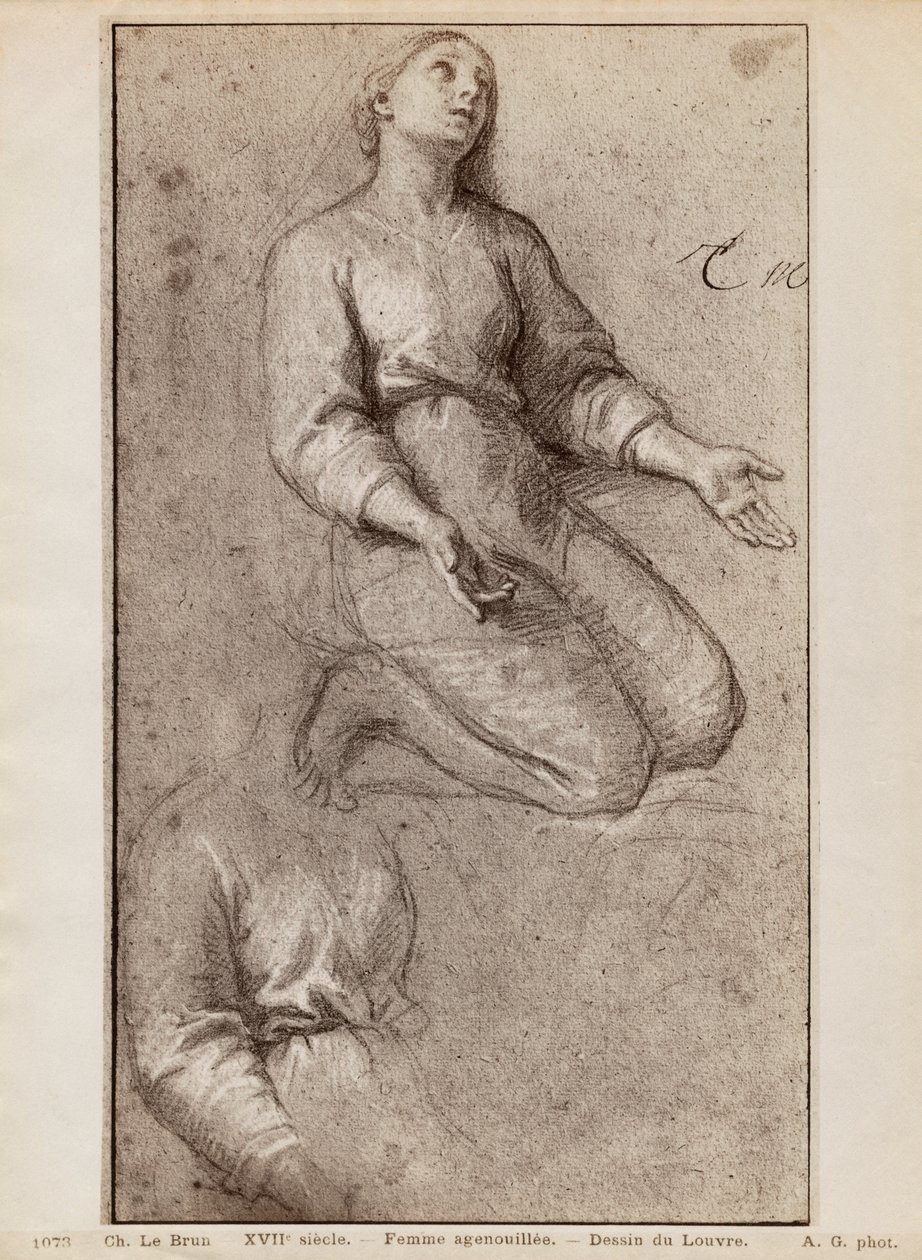 Knästående kvinna, ca 1685 (pierre noire och vita krita höjdpunkter på beige papper) av Charles Le Brun