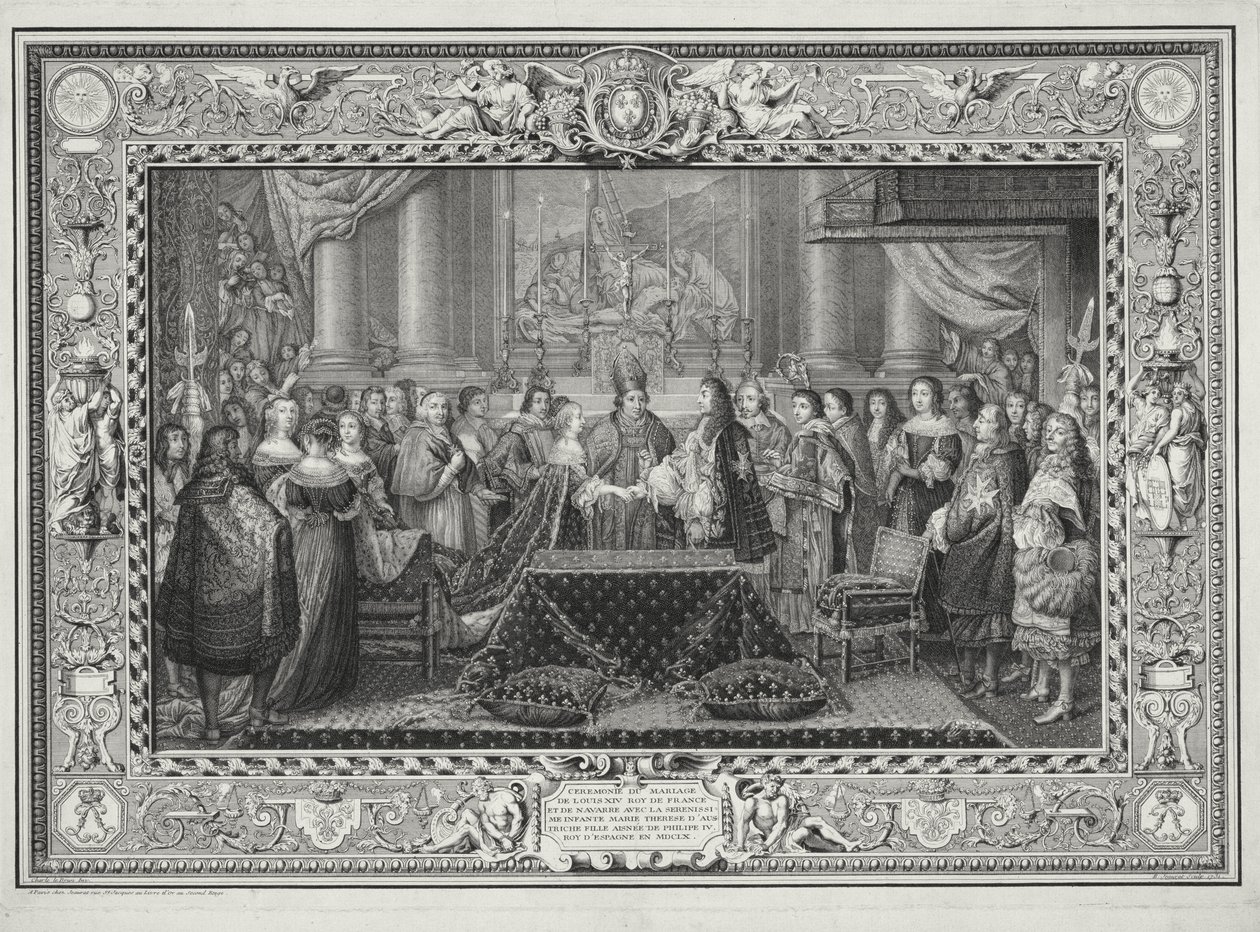 Vigselceremoni för Ludvig XIV (1638-1715) kung av Frankrike och Navarra, och infantan, Maria Theresia av Österrike (1638-83), dotter till Filip IV, kung av Spanien 1660, graverad av B. Jeaurat, 1731 (l av Charles Le Brun