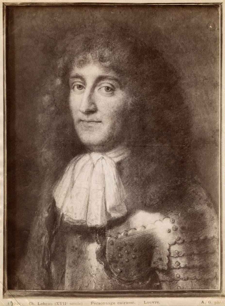 Porträtt av en man som bär rustning (pastell på gråbeige papper) av Charles Le Brun