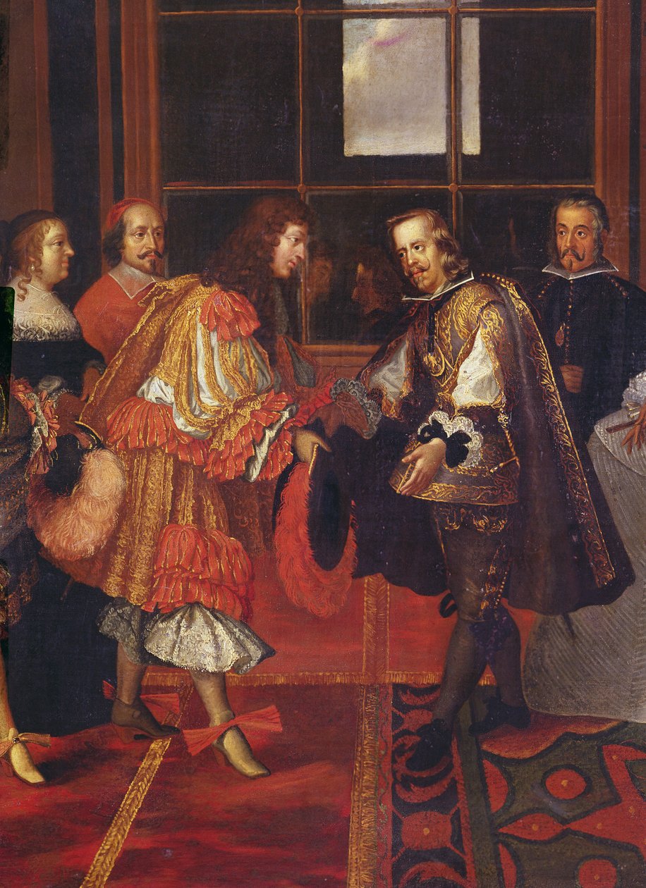 Mötet mellan Ludvig XIV och Philippe IV på Ile des Faisans 7 juni 1660 detalj av Ludvig XIV 1638-1715, kung av Frankrike och Navarra, hans farbror Philippe IV 1605-1665, kung av Spanien, i bakgrunden av Charles Le Brun