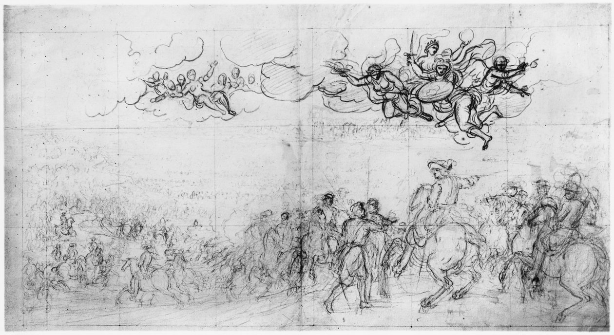 Passagen på Rhen (pierre noire och röd krita på papper) av Charles Le Brun