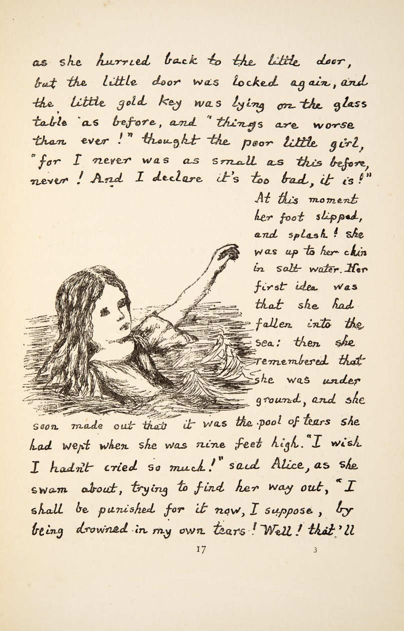 Alice faller i tårpölen, illustration från Alices Adventures Under Ground, pub. 1886 (faksimil) av Charles Lutwidge Dodgson