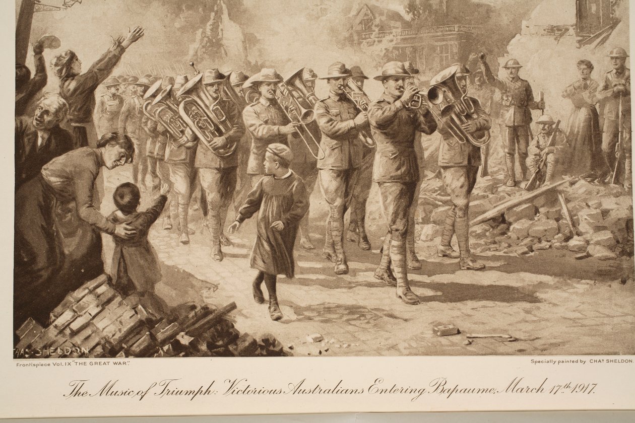 The Music of Triumph: Victorious Australians Entering Bapaume, 17 mars 1917, 1917-19 av Charles Mills Sheldon