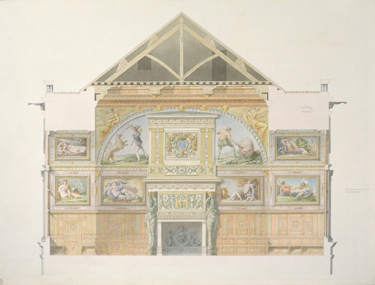 Ms 1014 Förhöjning av festsalen i Fontainebleau, platta från ett album (wc und penna på papper) av Charles Percier