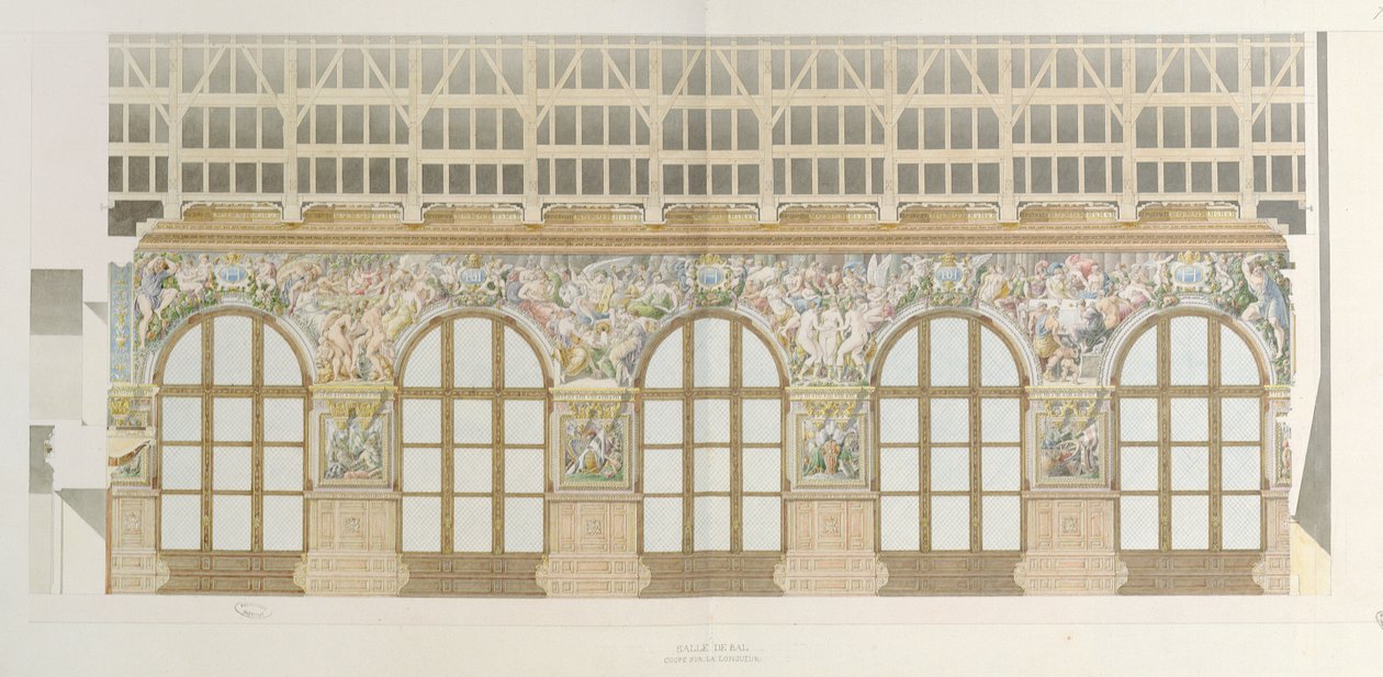 Ms 1014 Förhöjning av festsalen i Fontainebleau, platta från ett album (wc und penna på papper) av Charles Percier