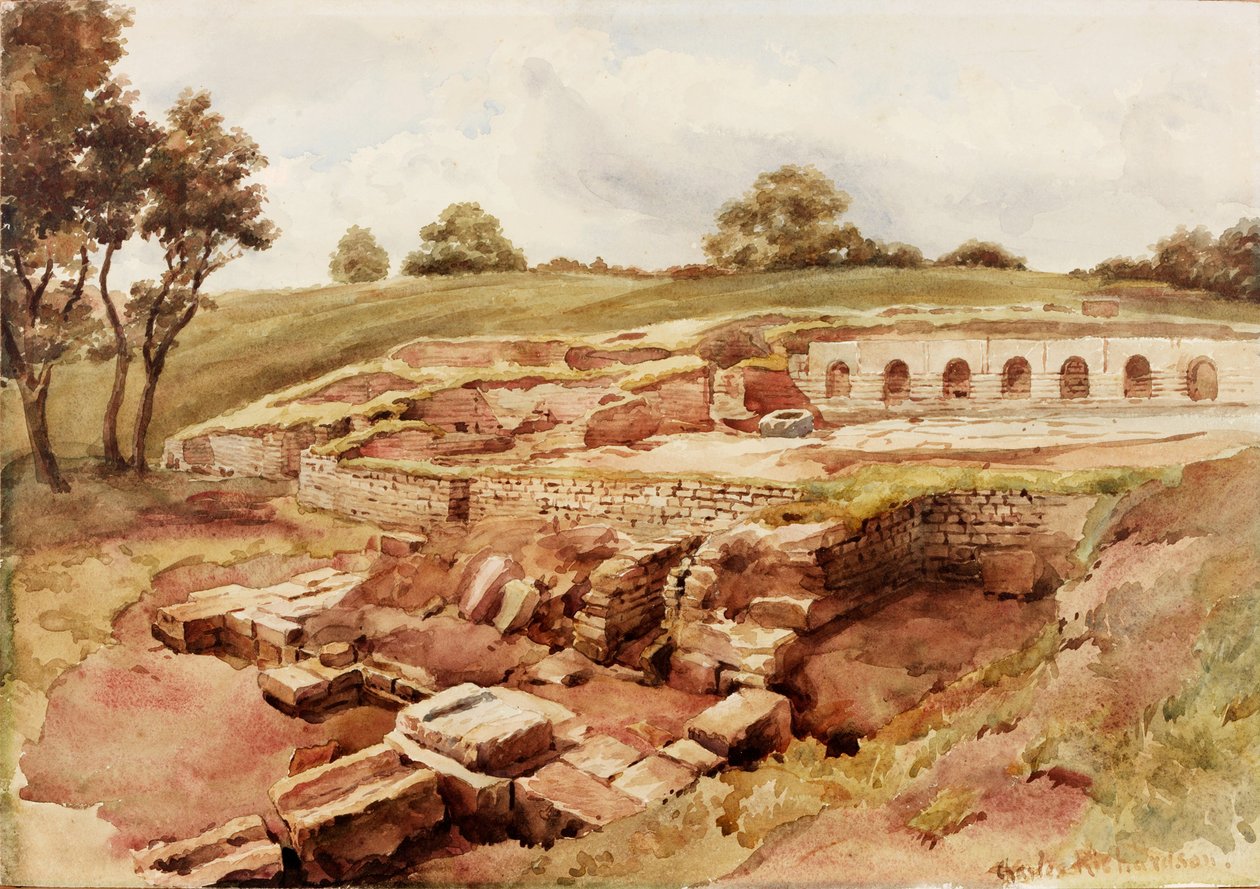 The Roman Baths, Chesters, North Tyne (norra vyn) (färg, penna och wc på papper) av Charles Richardson