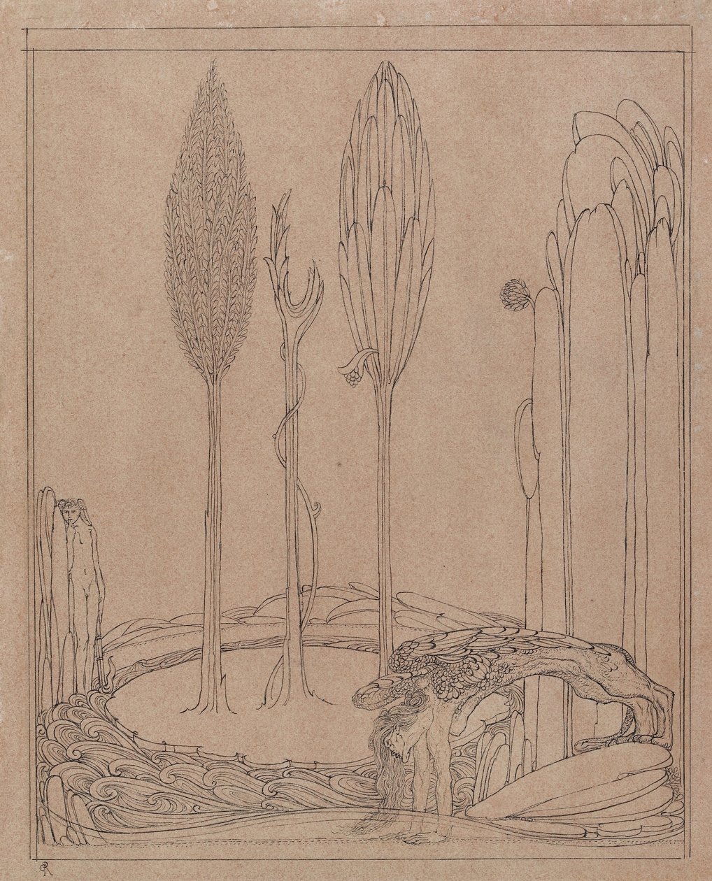Crouching by the Marge (penna och svart bläck på rosa papper) av Charles Ricketts