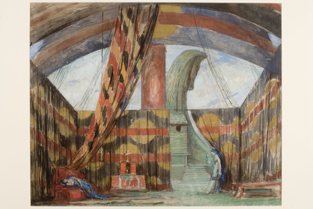 scenografi för The Bride of Dionysus (penna och gouache på papper) av Charles Ricketts