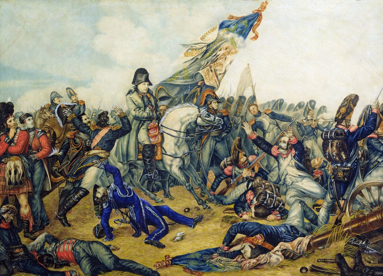 Slaget vid Waterloo 1815, 1831 (wc och bläck på papper) av Charles Steiben