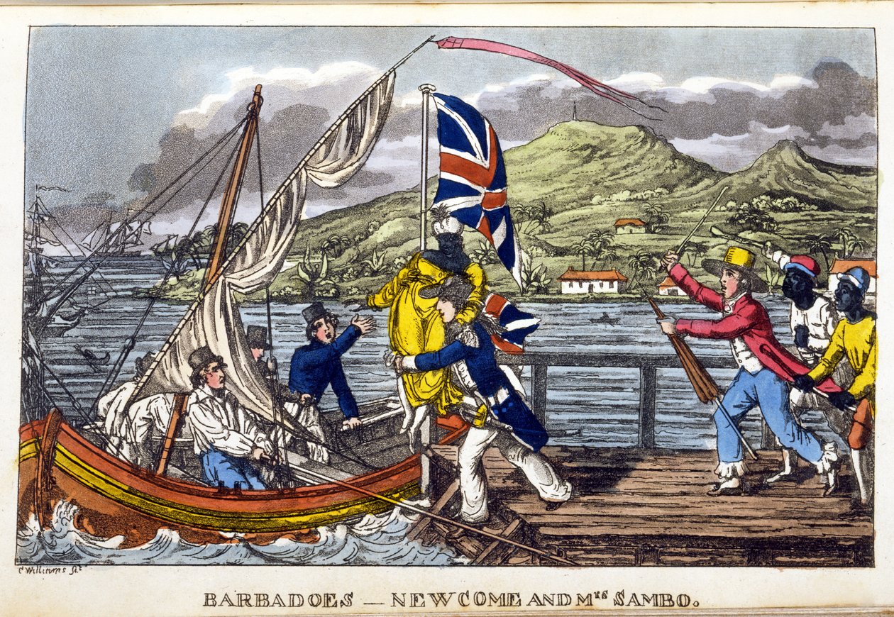 Barbados: Newcome and Mrs Sambo, tallrik från "The Adventures of Johnny Newcome in the Navy" av John Mitford, 1818 (handfärgad akvatint) av Charles Williams