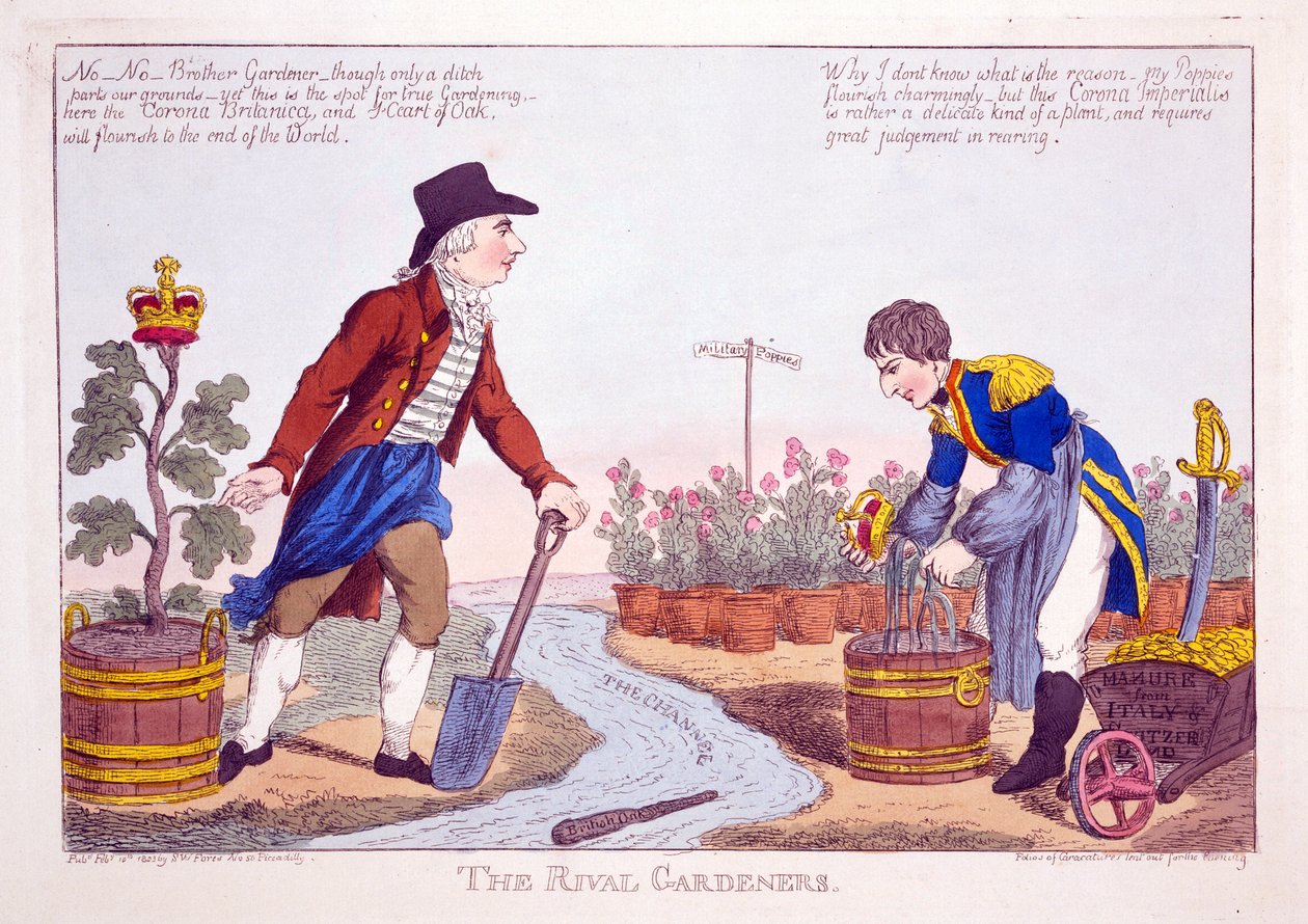 The Rival Gardeners, pub. 1803 (handfärgad gravyr) av Charles Williams