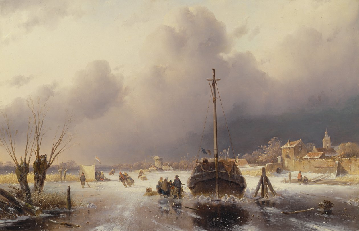 Frozen River with a Boat, 1800-talet av Charles Henri Joseph Leickert