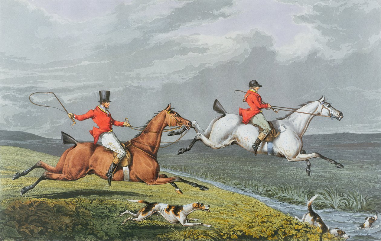 Fox Hunting: Full Cry, 1828 (handfärgad akvatint) av Charles Bentley