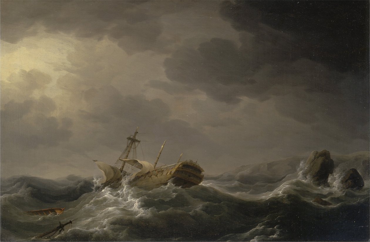 Fartyget förstördes på en stenig kust av Charles Brooking