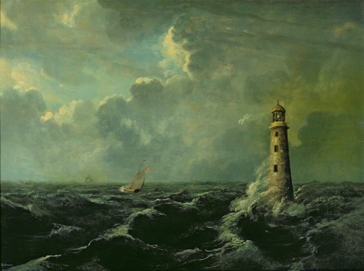 Seascape med fyren (olja ombord) av Charles Codman