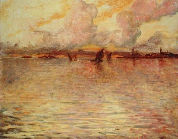 Havslandskap med avlägsen utsikt över Venedig av Charles Cottet