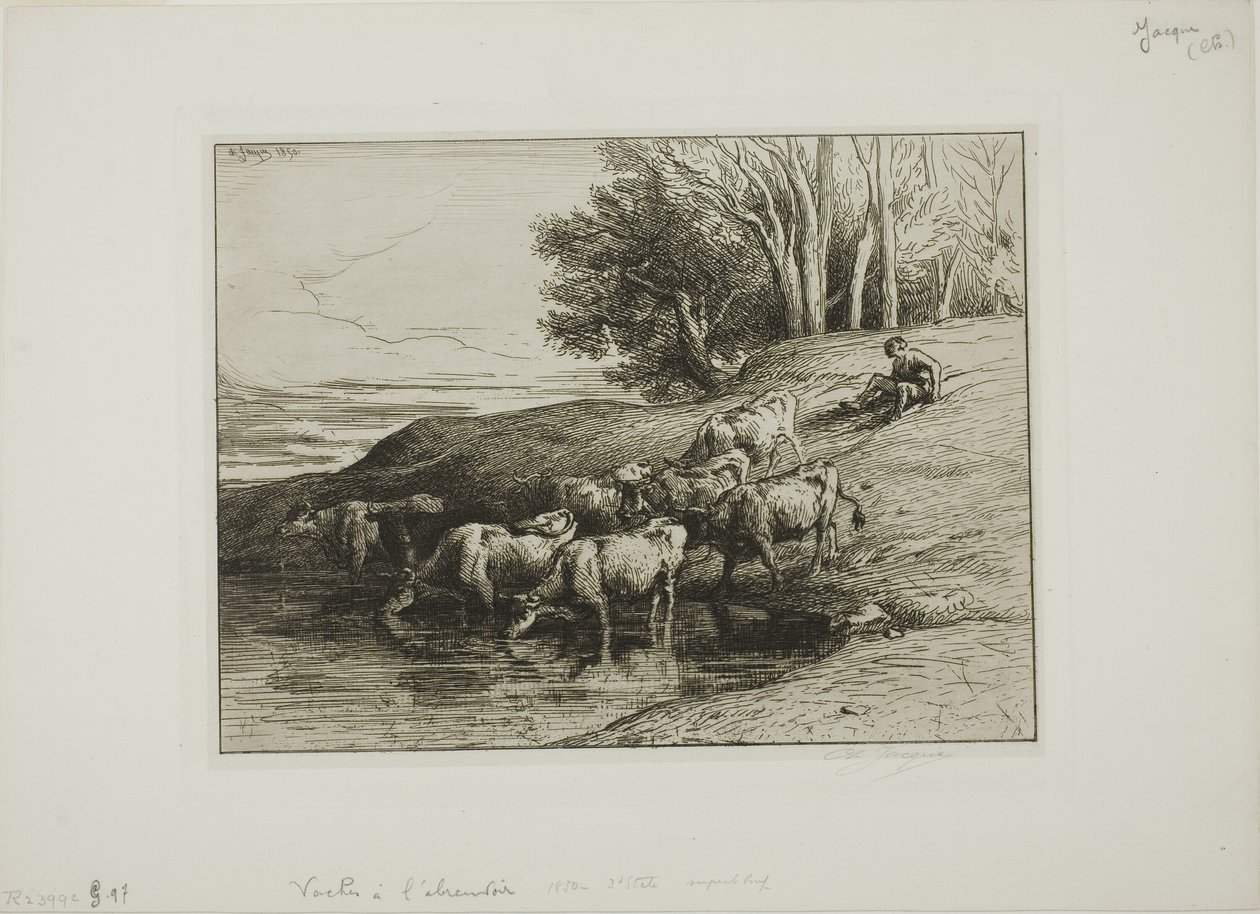 Kor på vattningsplatsen av Charles Emile Jacque