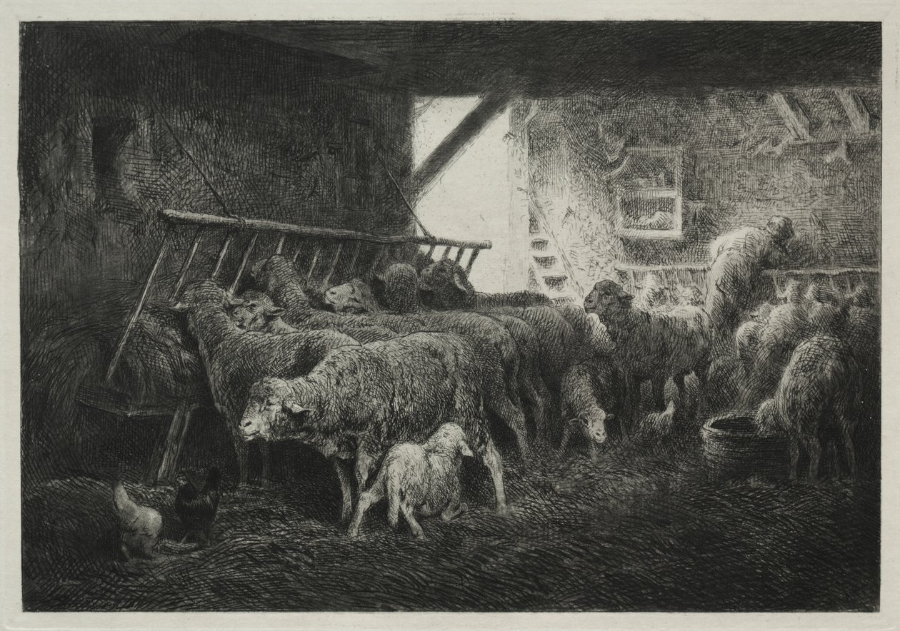 Interiör av en fårfack av Charles Emile Jacque