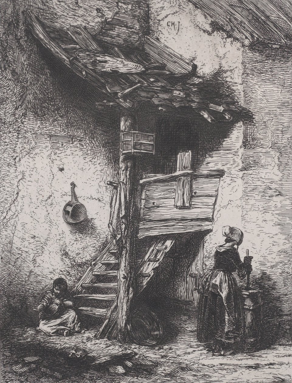 Trappor och kvinna som kurrar, 1845. av Charles Emile Jacque