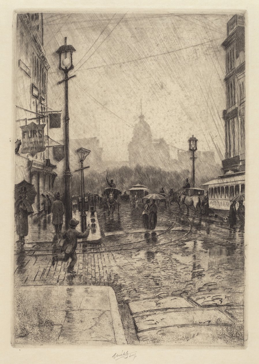 Rainy Day, Broadway, förmodligen 1890. av Charles Frederick William Mielatz