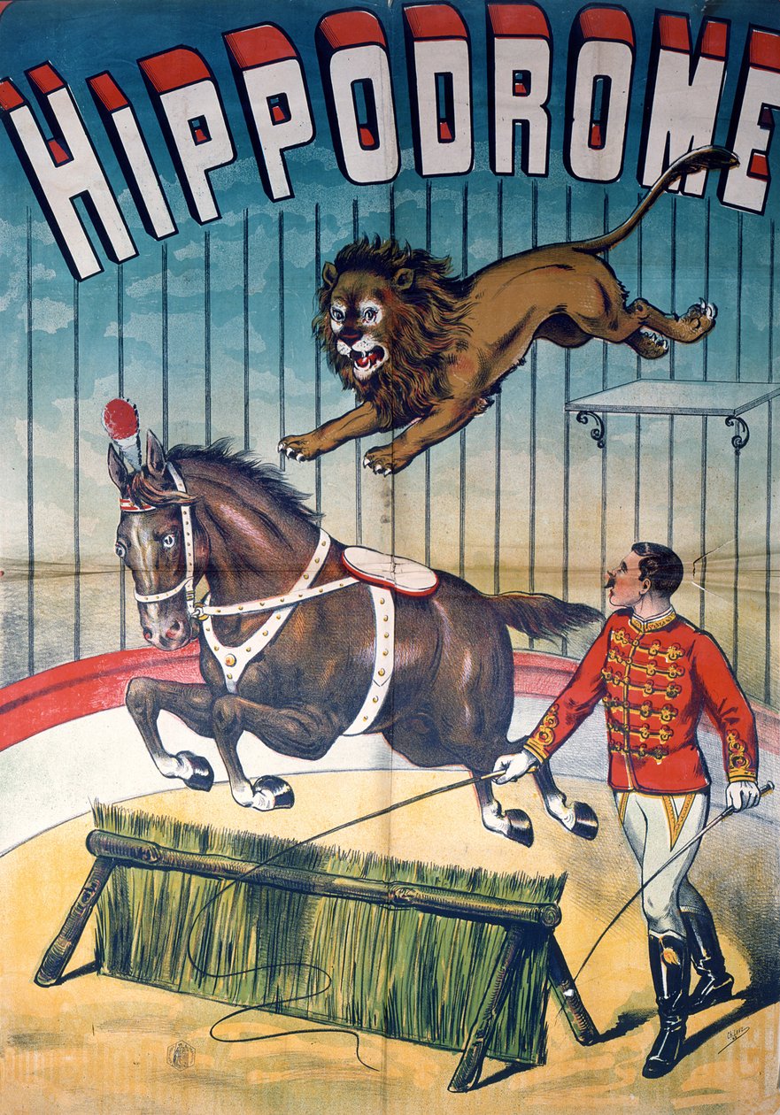 Affisch som annonserar "Hippodrome"-cirkusen, ca 1900 av Charles Levy