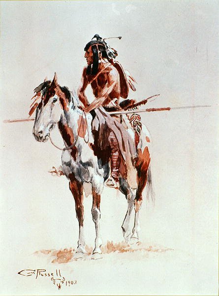 A Sioux Warrior (färg litho) av Charles Marion Russell