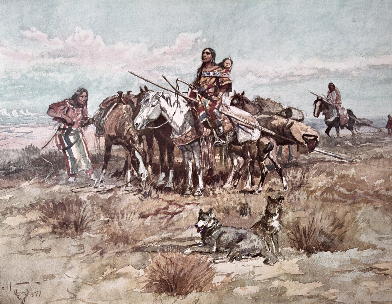 Native Americans Plains Folk flyttar läger av Charles Marion Russell
