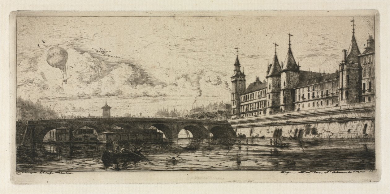 Etsningar av Paris: Exchange Bridge av Charles Meryon