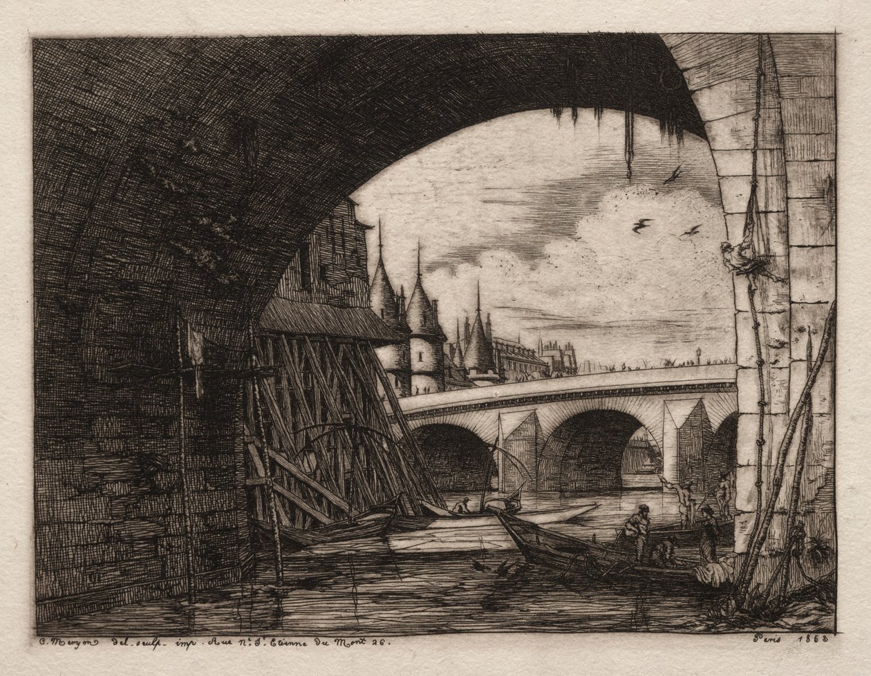 Pont Notre Dame båge, Paris, 1853. av Charles Meryon